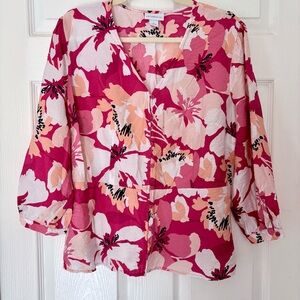 Liz Claiborne Fuchsia Pink Floral V-Neck Blouse